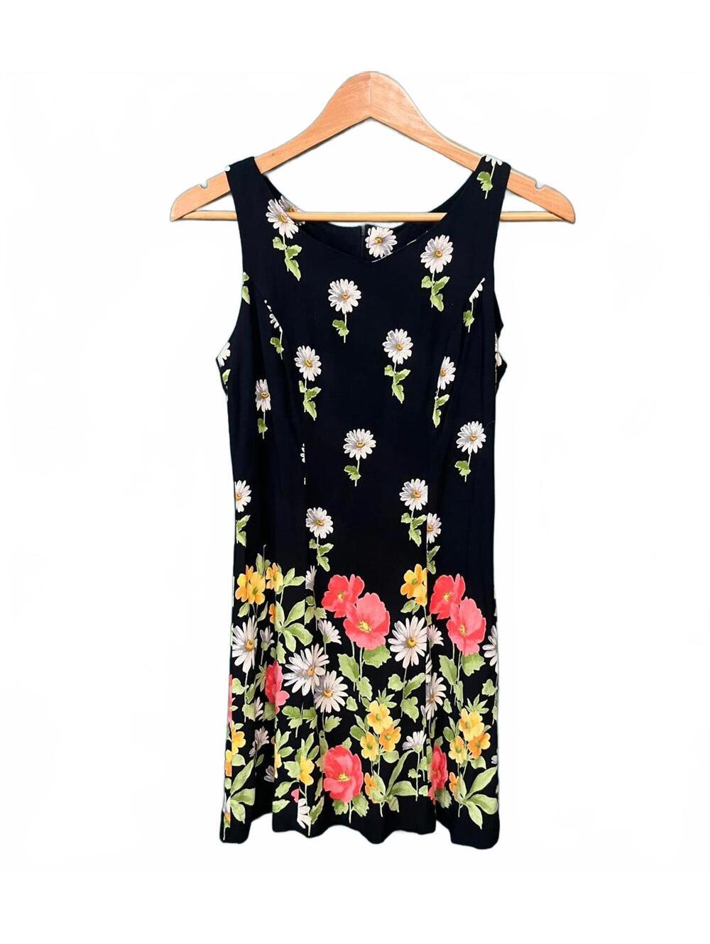VTG 90s Grunge Aesthetic Black Daisy Print Sleeveless Shift Dress Soft Girl XS